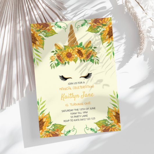 ひまわり 花 ユニコーン 黄色 かわいい 女の子 招待状