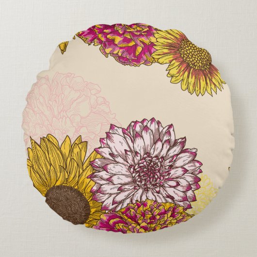 ひまわり、菊、カーネーションフローラ ラウンドクッション (正面)