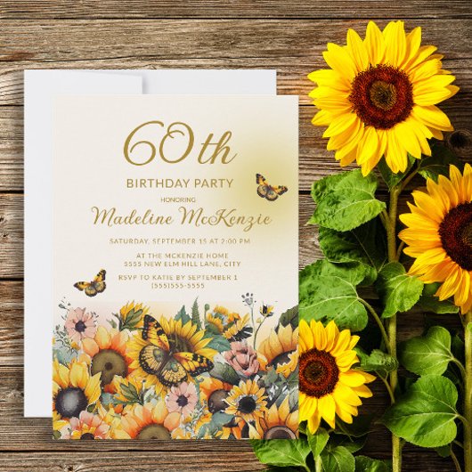 ひまわり+蝶+レディース+60歳の誕生日パーティー 招待状