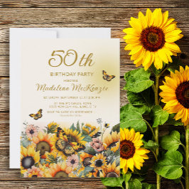 ひまわり+蝶+女性の50歳の誕生日パーティー 招待状