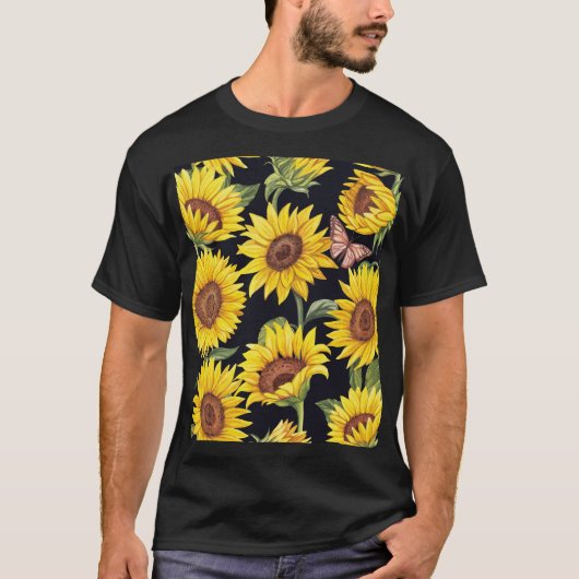 ひまわり、蝶、水色の黒い背景 Tシャツ (正面)