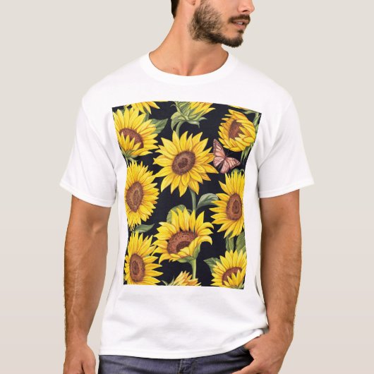 ひまわり、蝶、水色の黒い背景 Tシャツ (正面)