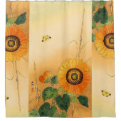 ひまわり，蝶，緑葉の日本のフローラ シャワーカーテン (正面)