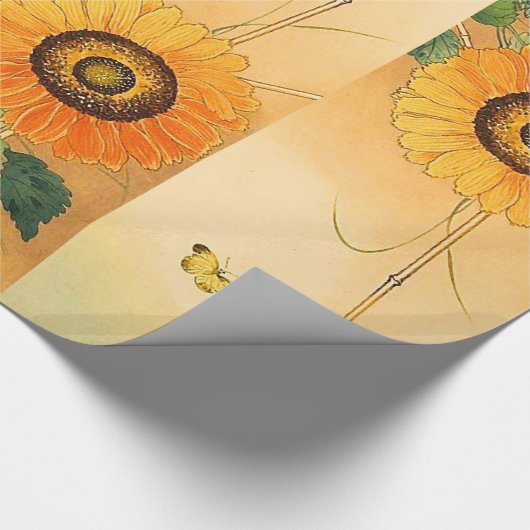 ひまわり，蝶，緑葉の日本のフローラ ラッピングペーパー (角)