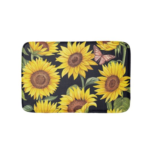 ひまわり、蝶、背景黒、水彩 バスマット (正面)