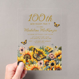 ひまわり+蝶+100歳の誕生日パーティー アクリル招待状