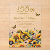 ひまわり+蝶+100歳の誕生日パーティー アクリル招待状 (正面)