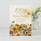 ひまわり+蝶+100歳の誕生日パーティー 招待状 (スタンド正面)