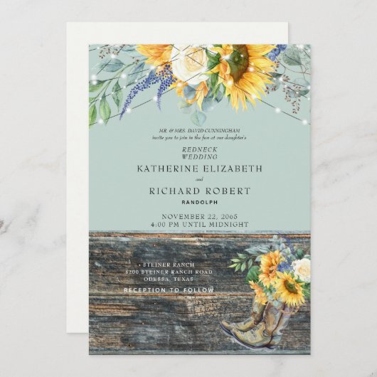 ひまわり 赤い首の木のブーツ ライト  招待状 (正面/裏面)