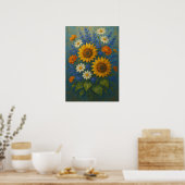 ひまわり+野の花の花束の絵画アートプリント |  ポスター (キッチン)
