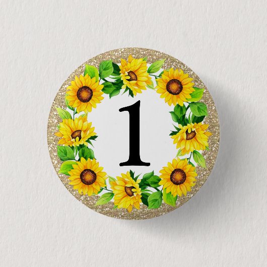 ひまわり&金ゴールドベビーガール誕生日カスタム番号 缶バッジ (正面)