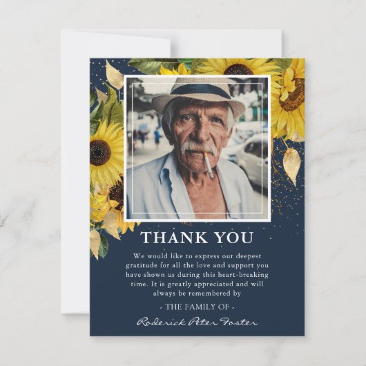 ひまわり&金ゴールド悔やみや弔慰写真模造海軍 サンキューカード (正面)