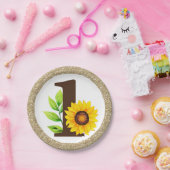 ひまわり&金ゴールドONEベビーガール1st誕生日パーティー ペーパープレート (パーティー)