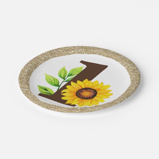 ひまわり&金ゴールドONEベビーガール1st誕生日パーティー ペーパープレート (アングル)