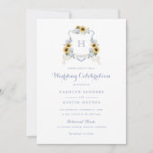 ひまわり 青いアジサイ クレスト モノグラム ウェディング 招待状 (正面)