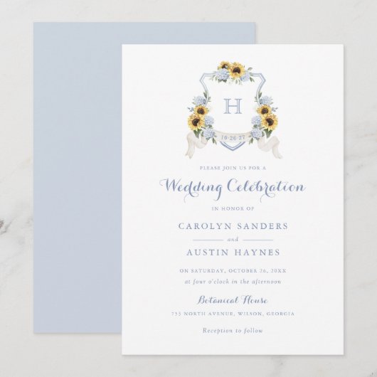 ひまわり 青いアジサイ クレスト モノグラム ウェディング 招待状 (正面/裏面)