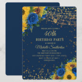 ひまわり 青いバラ ゴールドグリッター 40歳の誕生日 招待状 (正面/裏面)