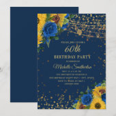 ひまわり 青いバラ ゴールドグリッター 60歳の誕生日 招待状 (正面/裏面)