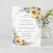 ひまわり 青 花 グリーン ジオメトリック ウェディング 招待状 (スタンド正面)