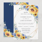 ひまわり 青 花 グリーン ジオメトリック ウェディング 招待状 (正面/裏面)