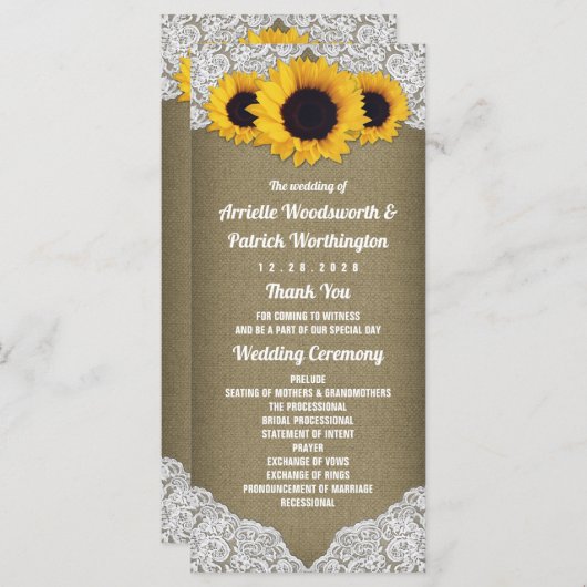 ひまわり 麻とレースのラスティックウェディングプログラム プログラム (正面/裏面)