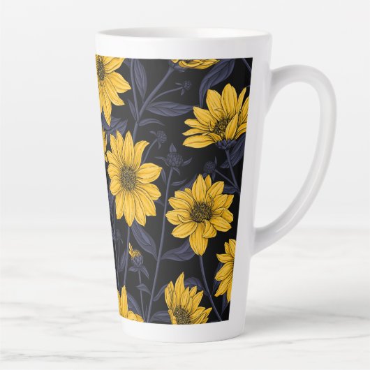 ひまわり、黄色と青の野生のひまわり カフェラテマグ (右)