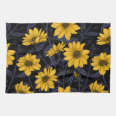 ひまわり、黄色と青の野生のひまわり キッチンタオル (横)