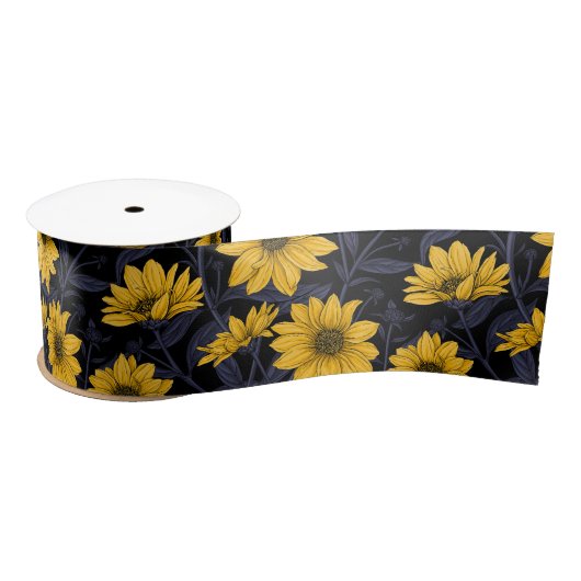 ひまわり、黄色と青の野生のひまわり サテンリボン (リール)