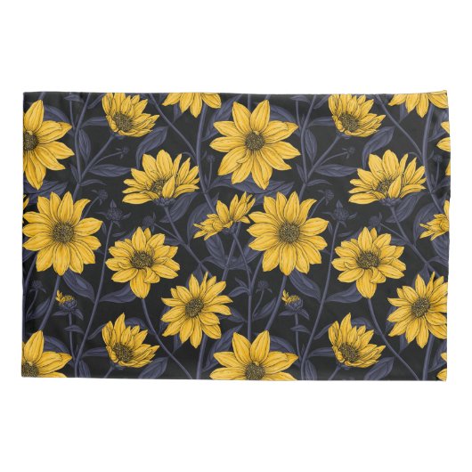 ひまわり、黄色と青の野生のひまわり 枕カバー (裏面-左)