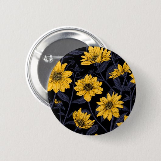 ひまわり、黄色と青の野生のひまわり 缶バッジ (正面&裏面)