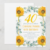 ひまわり 40歳の誕生日 黄色の花  ユーカリ 招待状 (正面/裏面)