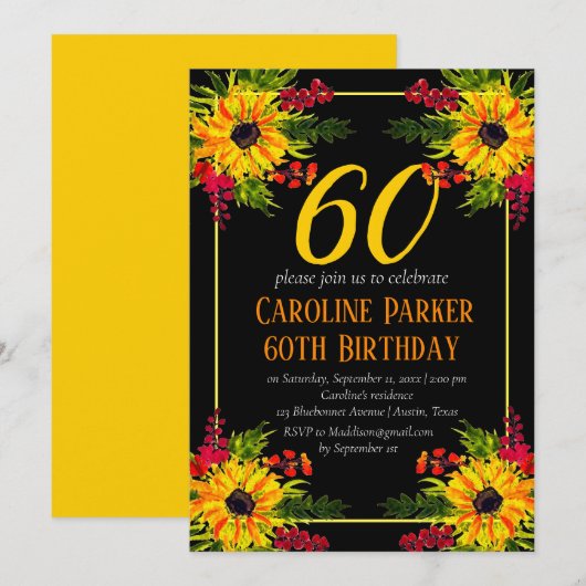 ひまわり 60歳の誕生日 黄色の花 大人 招待状 (正面/裏面)