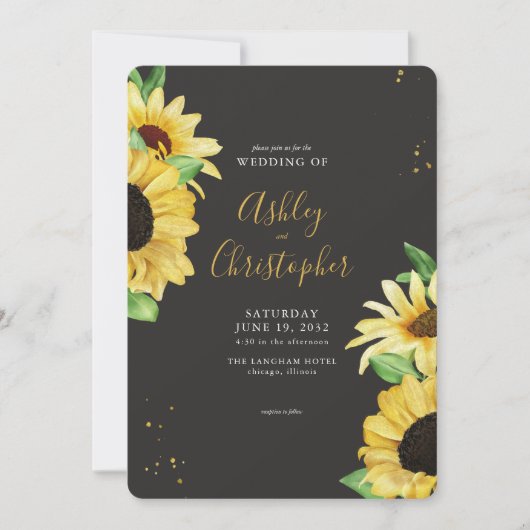 ひまエレガント素朴フラワーブラック結婚式招待状 招待状 (正面)