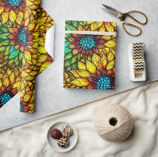 ひまエレガント花フェイクステンドグラス模様 ラッピングペーパー (クラフト)