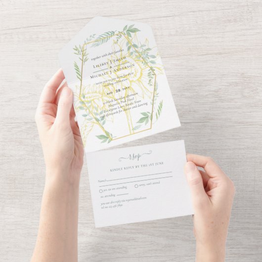 ひまモダン花グリーナリーセージ金ゴールド結婚ズ オールインワン招待状 (貼ってはがせる)