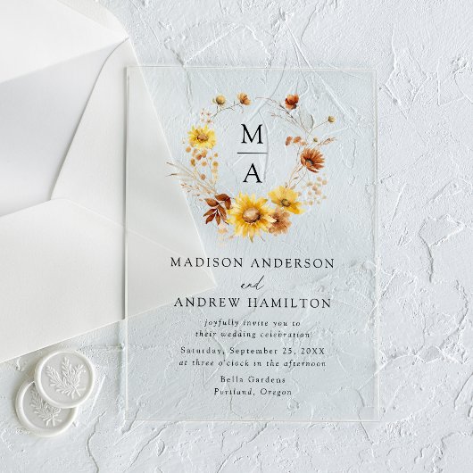 ひま素朴と野の花モノグラム結婚の アクリル招待状