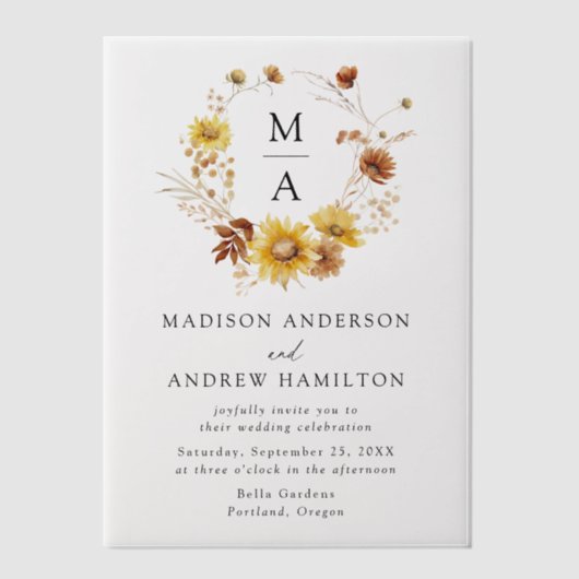 ひま素朴と野の花モノグラム結婚の ベラム紙招待状 (正面)