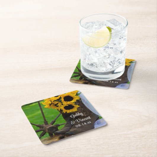 ひま素朴の花とカウボーイブーツ西結婚の スクエアペーパーコースター (インサイチュ)