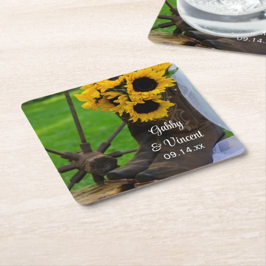 ひま素朴の花とカウボーイブーツ西結婚の スクエアペーパーコースター (アングル)