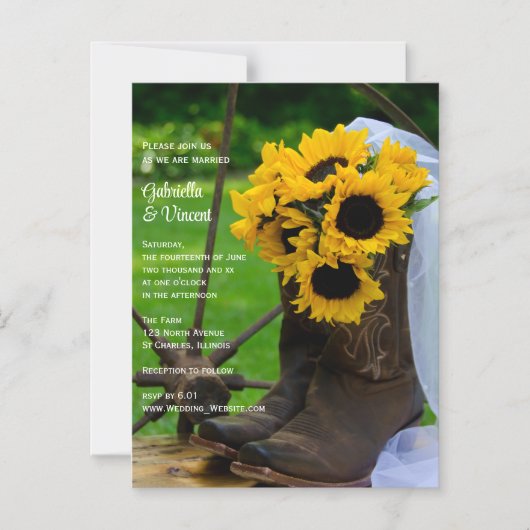 ひま素朴の花とカウボーイブーツ西結婚の マグネット招待状 (正面)