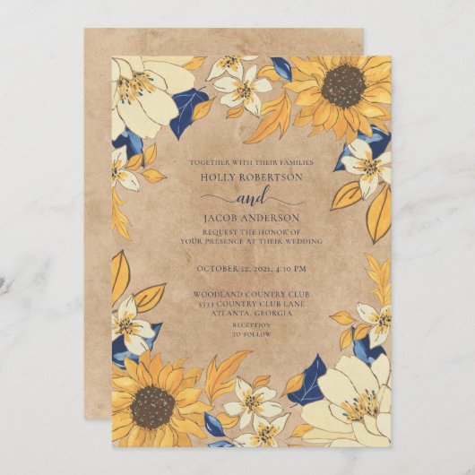ひま素朴わりブルーイエローフローラ結婚ズ 招待状 (正面/裏面)