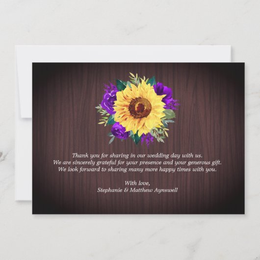 ひま素朴わり紫フローラ縁どウッドズ結婚ズ サンキューカード (裏面)