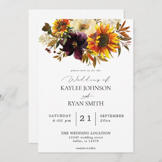 ひま素朴フラワーと紫のフローラ結婚ズ 招待状 (正面/裏面)