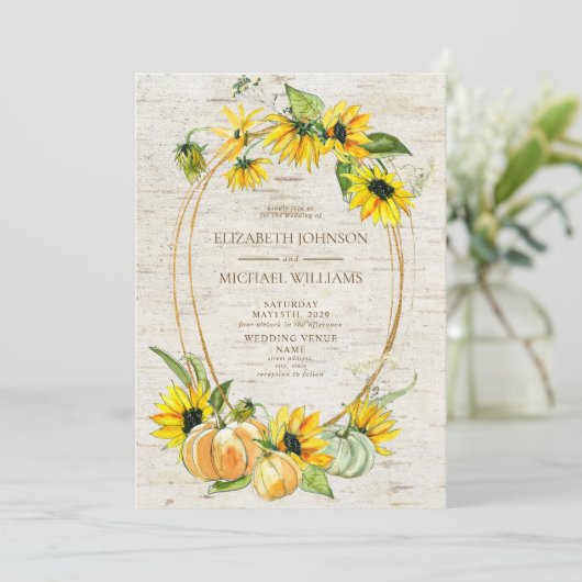 ひま素朴フラワーカボチャ樺の木写真結婚の 招待状 (スタンド正面)