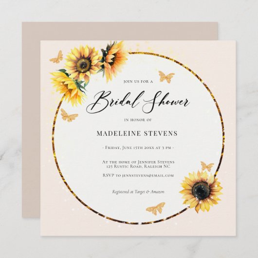 ひま素朴フラワーズ金ゴールドバタイフィボホブライダルシャワー 招待状 (正面/裏面)