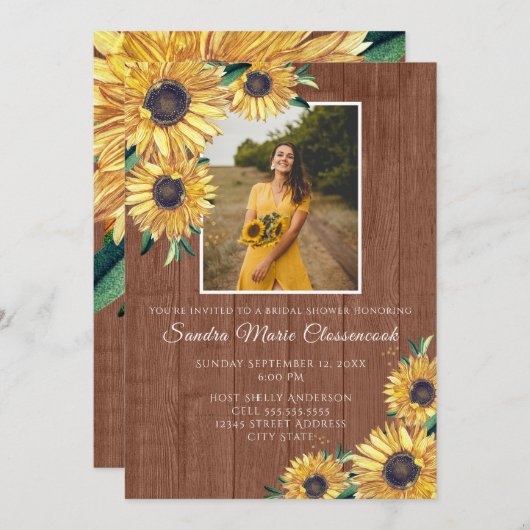 ひま素朴フラワーブラウン結婚ウッドブライダルシャワー 招待状 (正面/裏面)