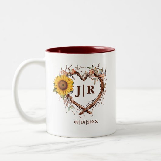 ひま素朴フラワーモノグラ結婚ムのハートブランチ ツートーンマグカップ (左)