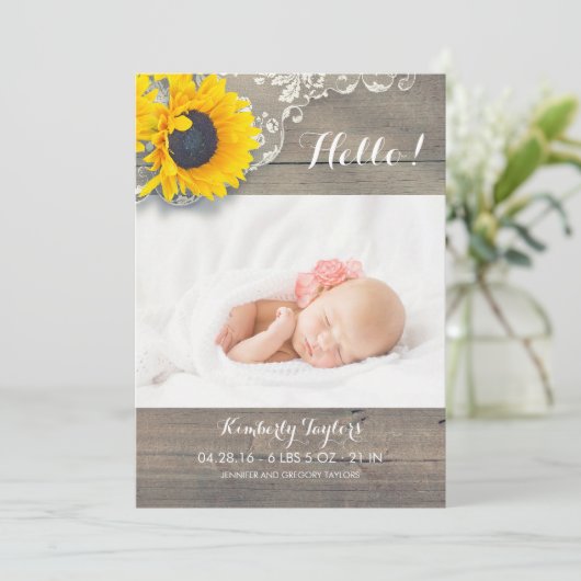ひま素朴フラワーレース生まれたばかりのベビー写真誕生 案内状 (スタンド正面)