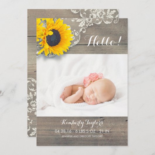 ひま素朴フラワーレース生まれたばかりのベビー写真誕生 案内状 (正面/裏面)