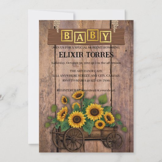 ひま素朴モダン花車赤ちゃんシャワー 招待状 (正面)